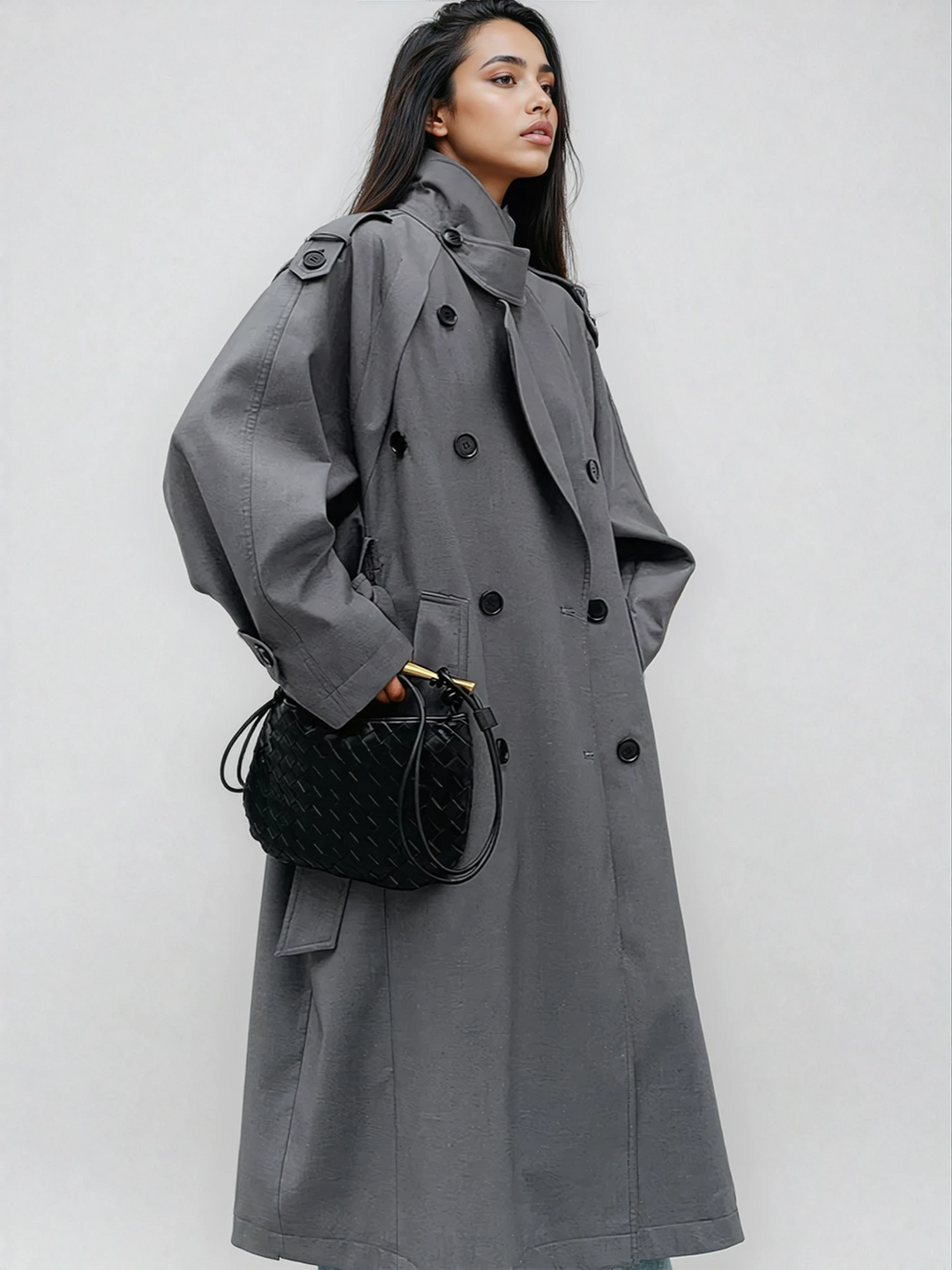 Chic women's oversized long trench coat, perfect stylish fall & winter outerwear.