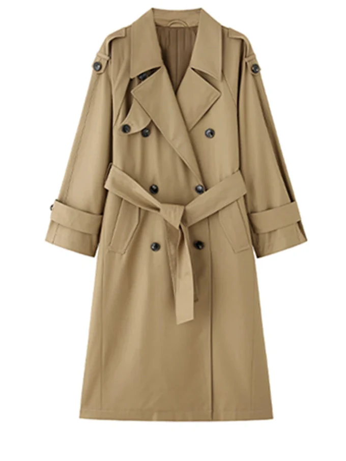 Women's classic double-breasted trench coat with detachable belt, chic outerwear.