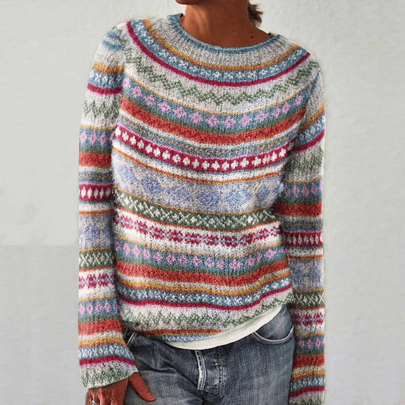 Chic women's pink printed knit long sleeve sweater, perfect for fall & winter casual wear. Cozy & stylish fashion.