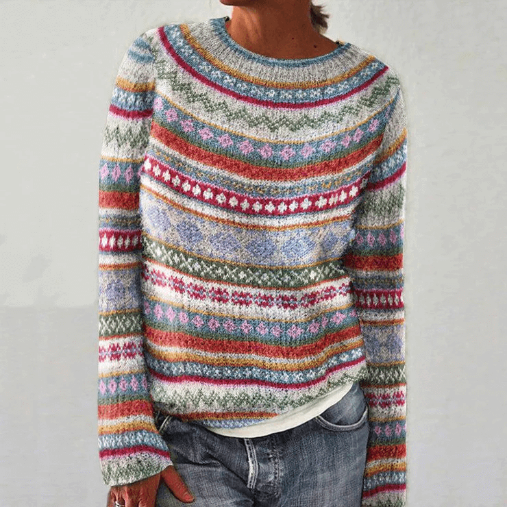 Cozy women's pink printed knit long sleeve sweater, a versatile top for chic fall & winter fashion. Comfortable style.