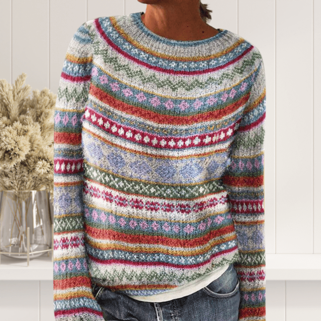 Stylish women's pink printed knit long sleeve sweater, ideal for fall & winter. Chic and comfortable casual wear.