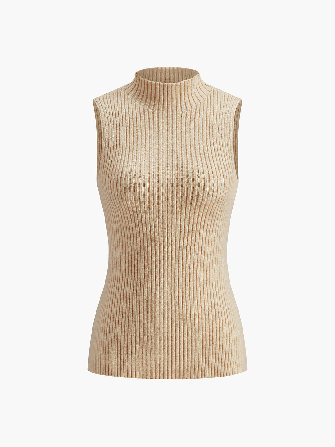 Stylish women's sleeveless top in a ribbed knit, featuring a modern mock neck. Great for summer style.