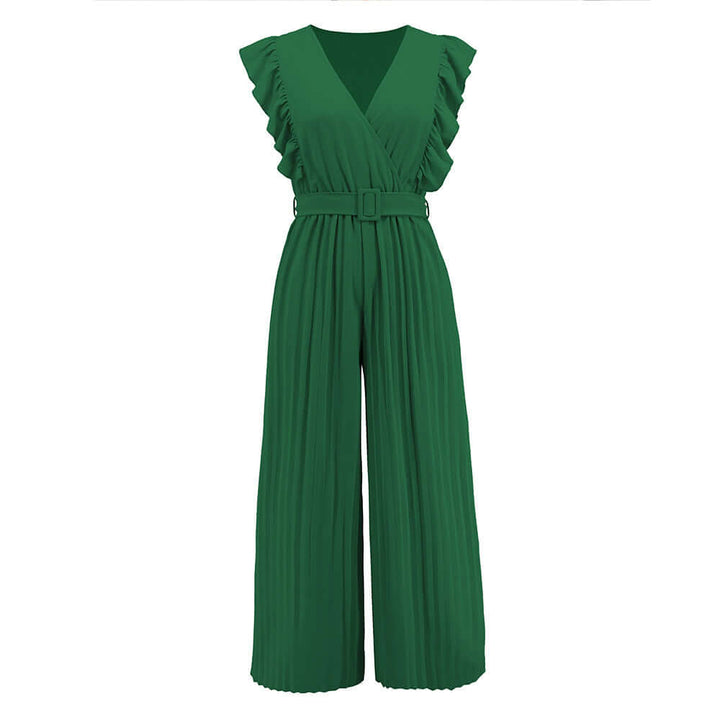 Flowy women's V-neck ruffled jumpsuit with a belt, designed for comfortable and chic summer wear.