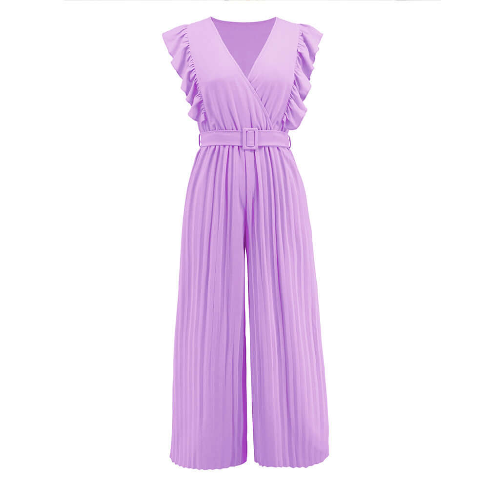 Modern women's ruffled V-neck jumpsuit with a belt, embodying chic and comfortable summer fashion.