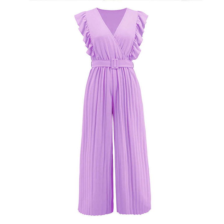 Modern women's ruffled V-neck jumpsuit with a belt, embodying chic and comfortable summer fashion.