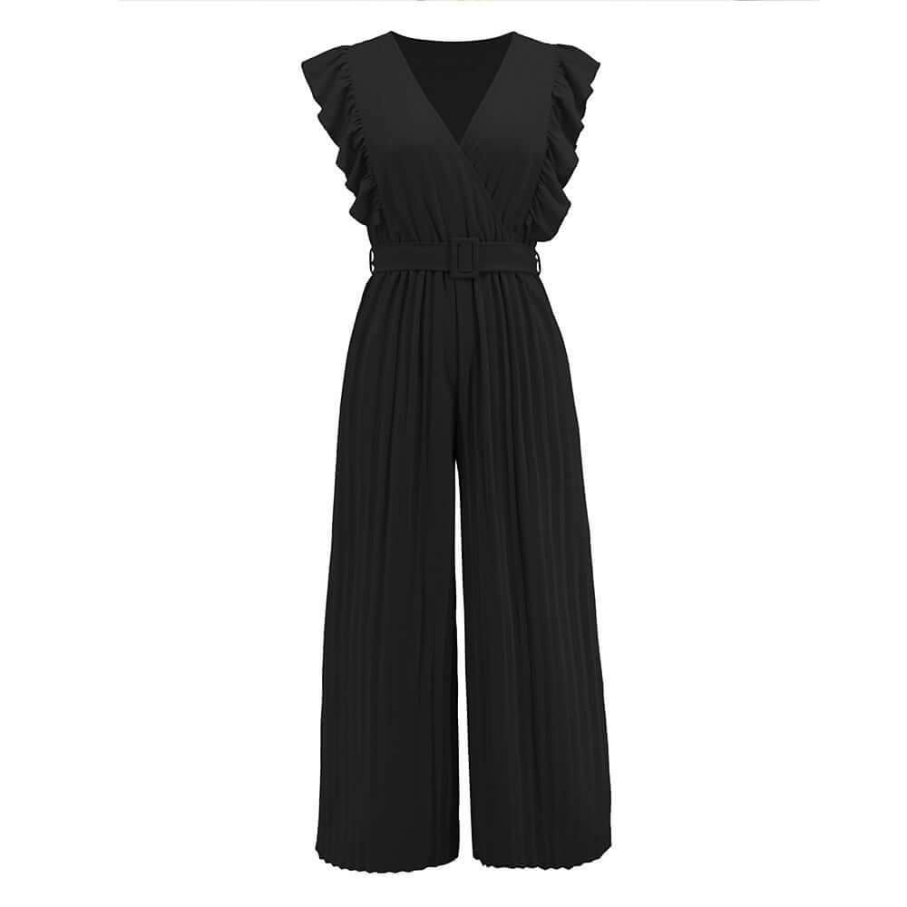 Ruffled V-neck women's jumpsuit with belt, a stylish and comfortable one-piece for summer fashion.