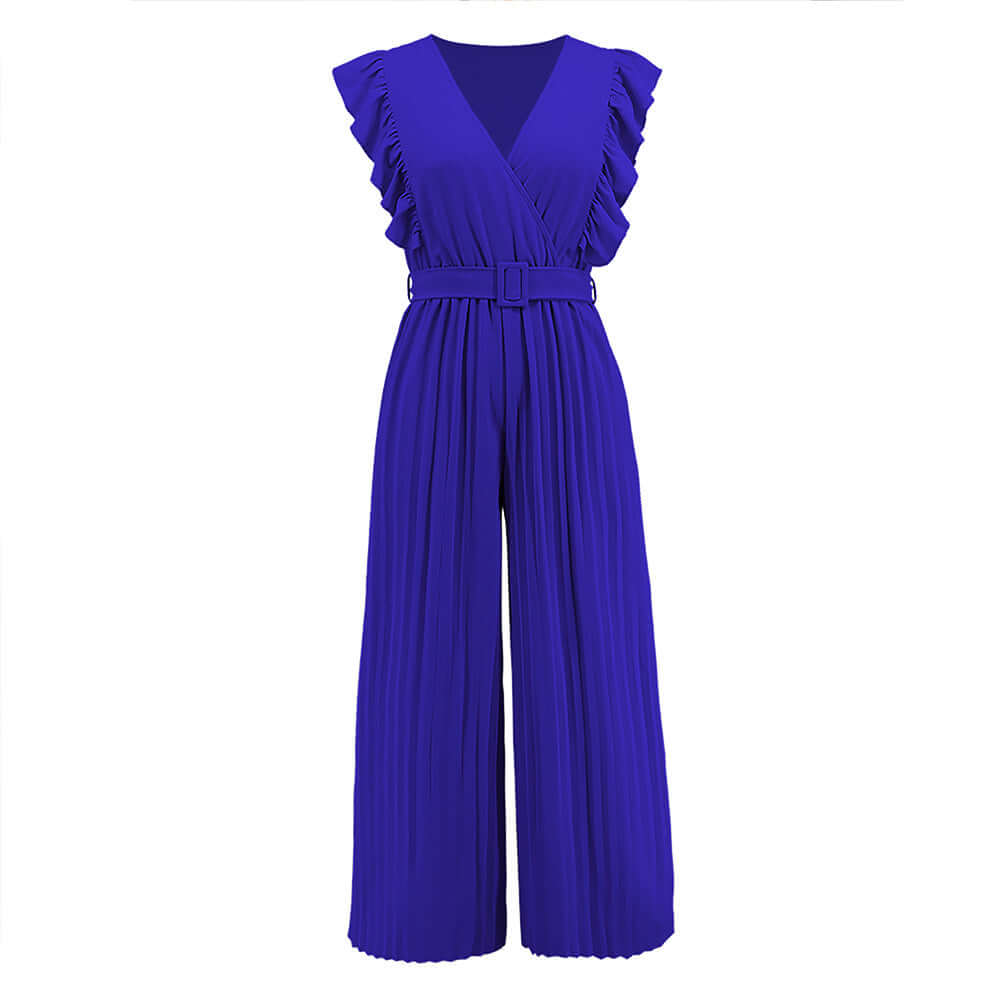 Women's elegant V-neck ruffled jumpsuit with a belted waist, styled for sophisticated summer comfort.