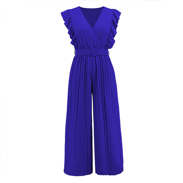 Women's elegant V-neck ruffled jumpsuit with a belted waist, styled for sophisticated summer comfort.