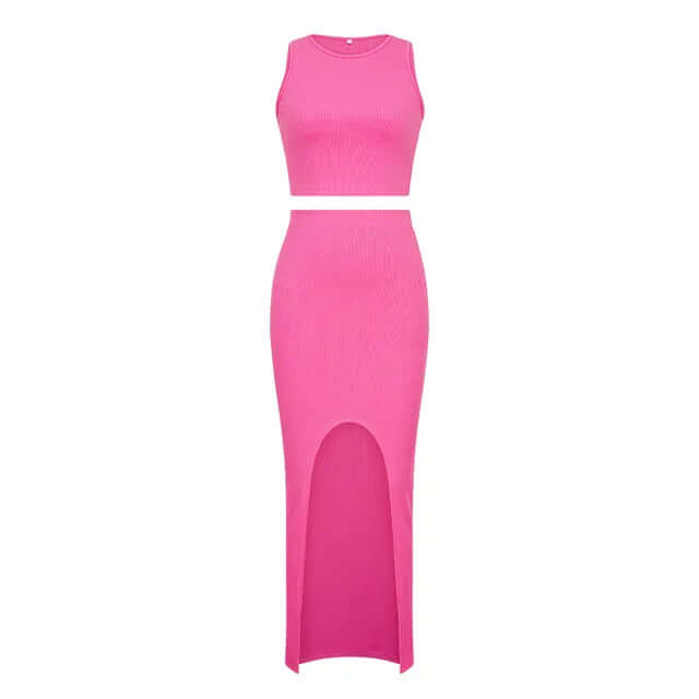 Pink sleeveless crop top & high-slit midi skirt matching set. Women's casual chic summer outfit.