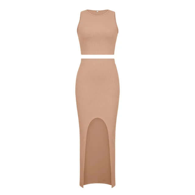 Camel women's two-piece matching set with a sleeveless crop top and a chic midi slit skirt.