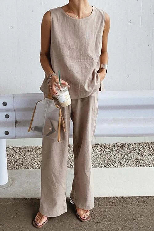 Chic women's sleeveless top & comfortable wide-leg pants two-piece set for summer. Perfect casual matching outfit.