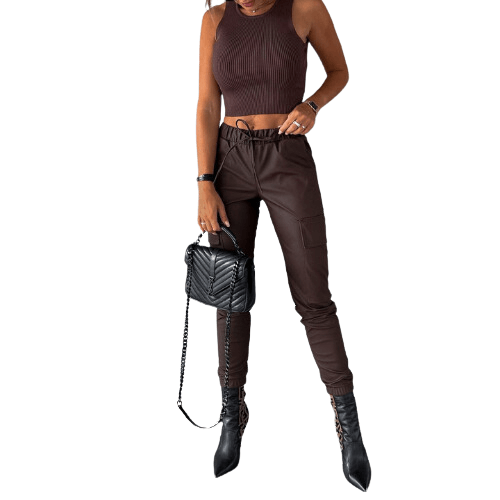 Dark brown women's PU leather slim fit cargo trousers, a chic leather look statement piece for fashion.