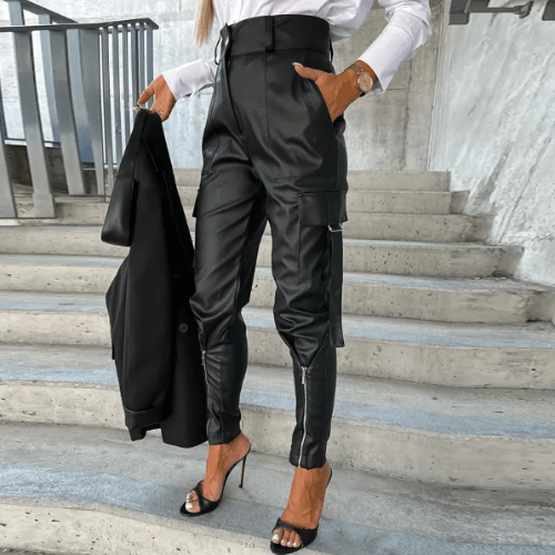 Stylish women's dark brown cargo pants made from PU leather, slim fit with practical pockets for everyday.