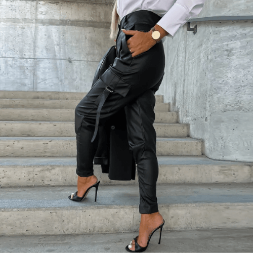 Versatile women's slim fit PU leather cargo trousers, a chic modern design for an effortless look.