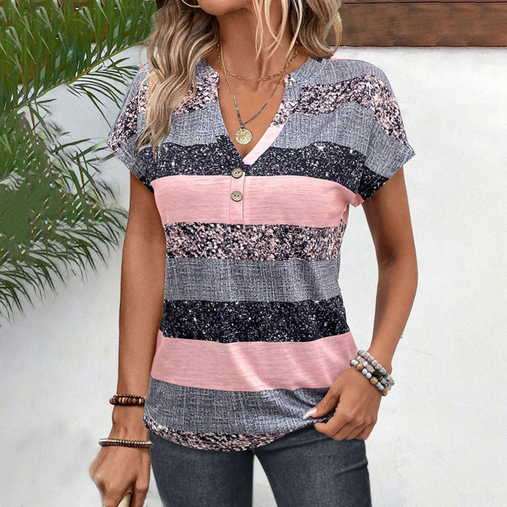 Chic women's striped button-front t-shirt with short sleeves, perfect for casual spring & summer outfits.