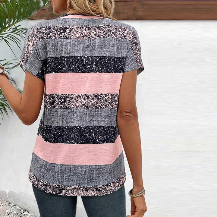 Versatile women's striped short-sleeve top featuring a stylish button front for effortless everyday fashion.