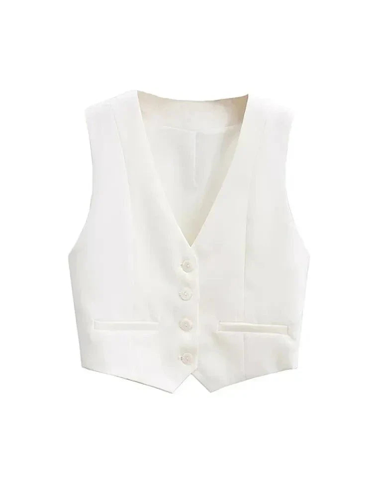 Elegant women's tailored vest. This sleeveless top is a chic layering piece, perfect for professional or casual outfits.