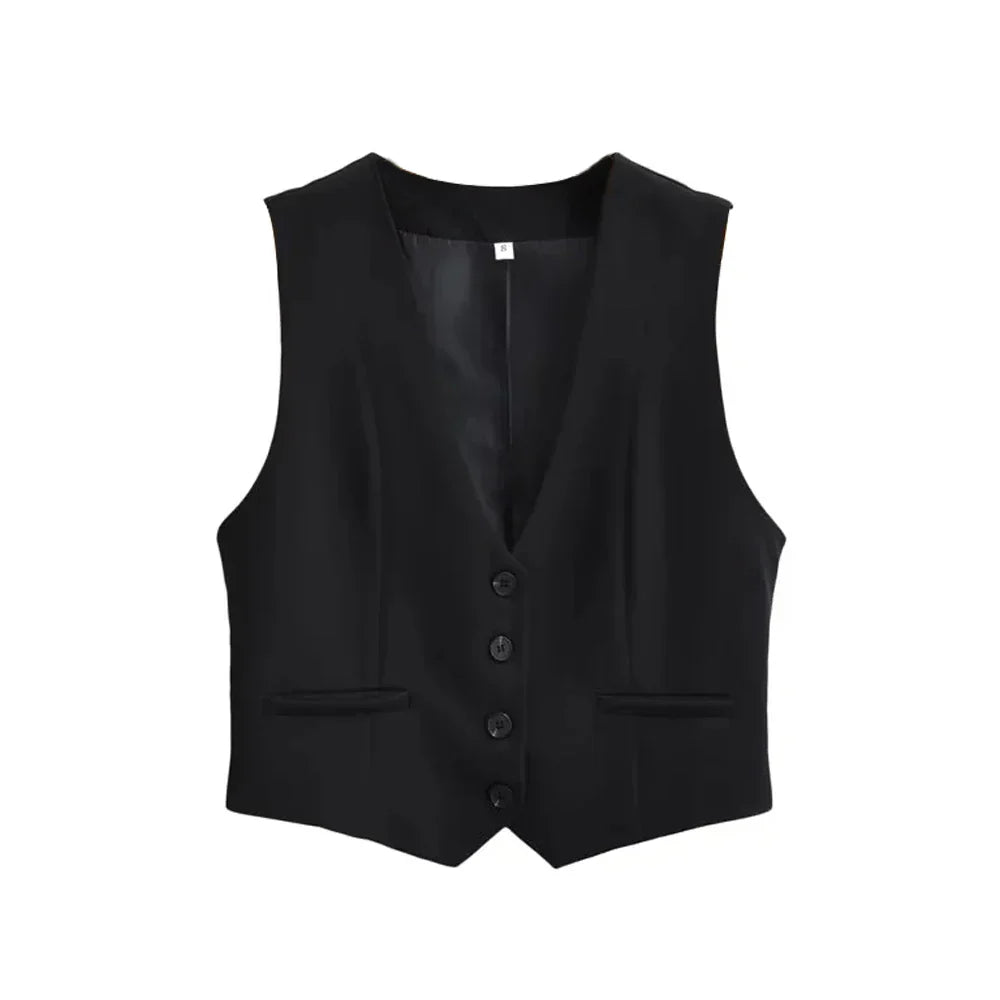 Stylish women's tailored vest, shown with detailed buttons. A chic sleeveless top for versatile fashion layering.