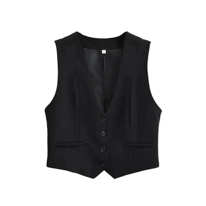 Stylish women's tailored vest, shown with detailed buttons. A chic sleeveless top for versatile fashion layering.