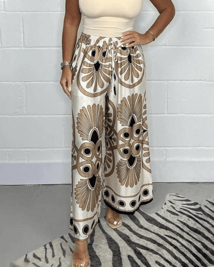 Chic women's wide-leg printed trousers for effortless casual or elegant spring/summer fashion.