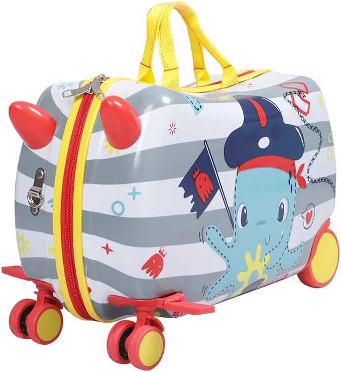 Children's 2-in-1 ride-on scooter suitcase with fun octopus pattern & 360° wheels for easy travel.