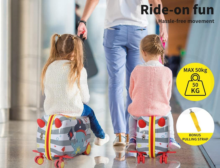 Toddler's 2-in-1 scooter suitcase featuring playful octopus design, ideal for family vacations & carry-on.