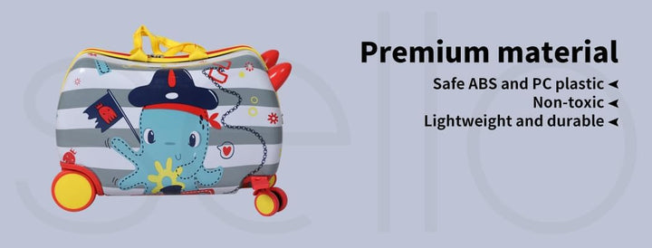 Kids' waterproof ride-on luggage with an octopus pattern, converting to a scooter for airport fun.