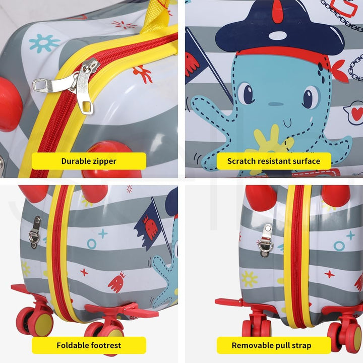 Fun octopus scooter suitcase for children, featuring a 2-in-1 design and omnidirectional 360° wheels.