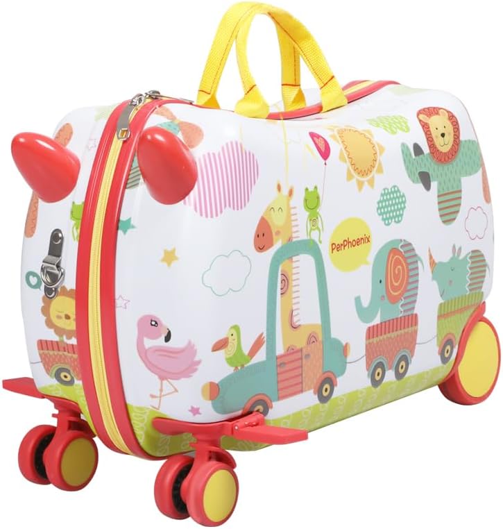 Octopus patterned kids carry-on luggage with a built-in ride-on scooter for seamless airport navigation.