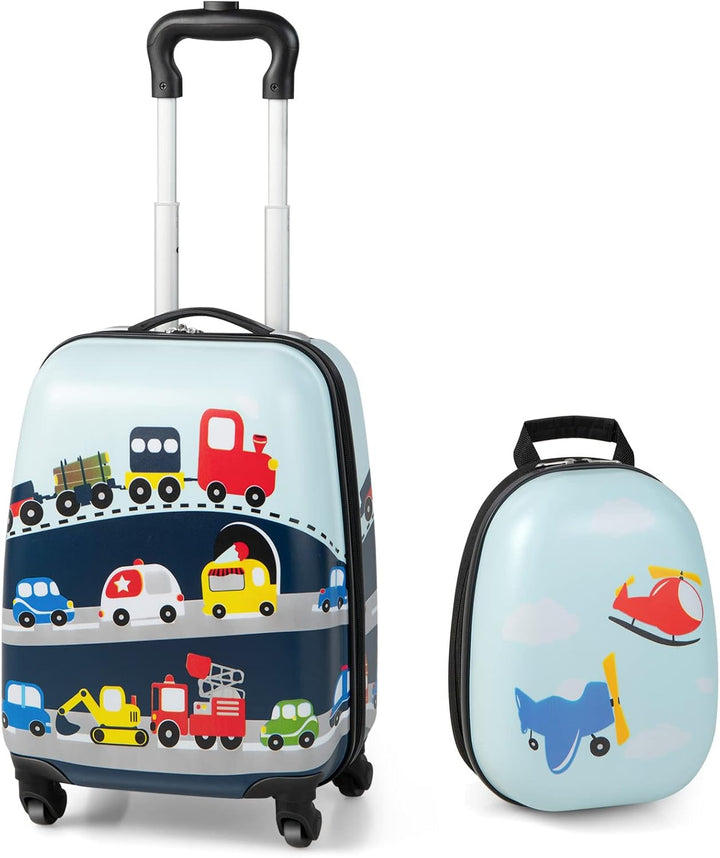 Children's 2-piece hard-shell luggage and backpack set with fun helicopter design, perfect for travel.