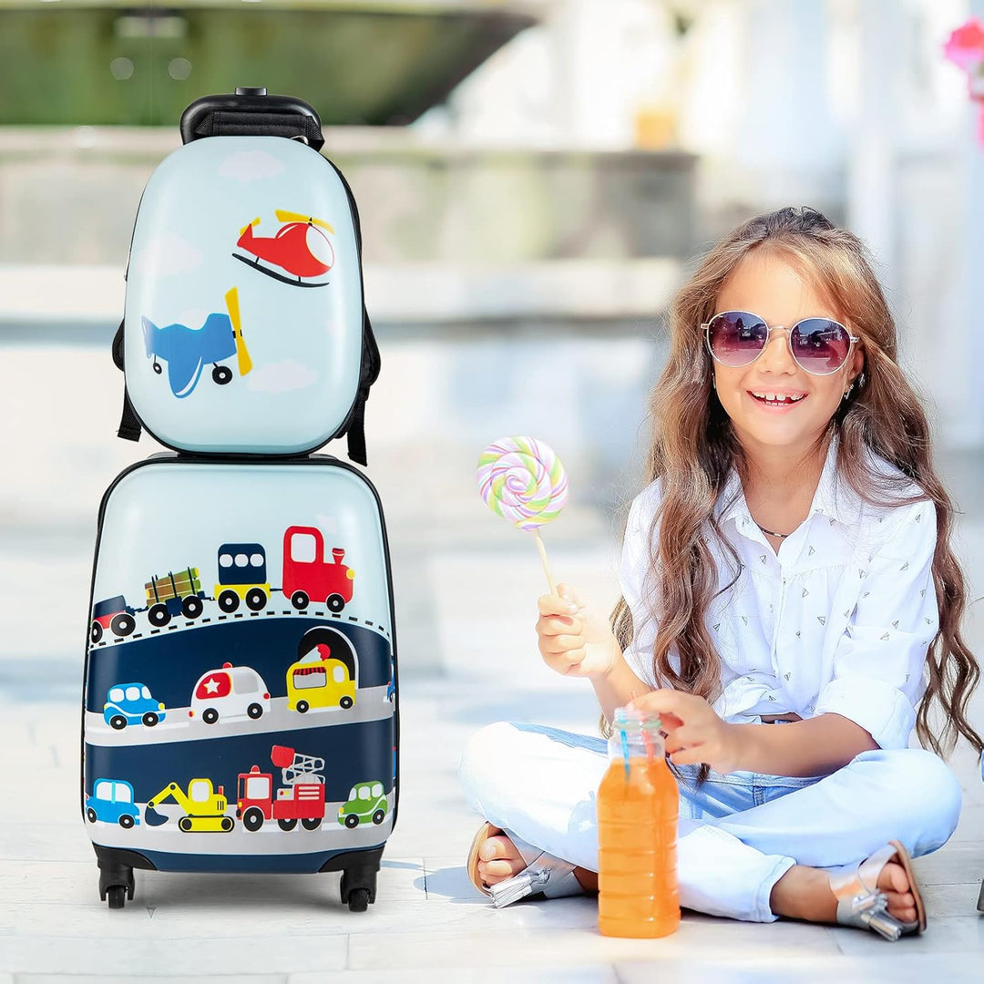 Kids' helicopter rolling suitcase with 360° wheels, a durable hard shell, ideal for easy children's travel.