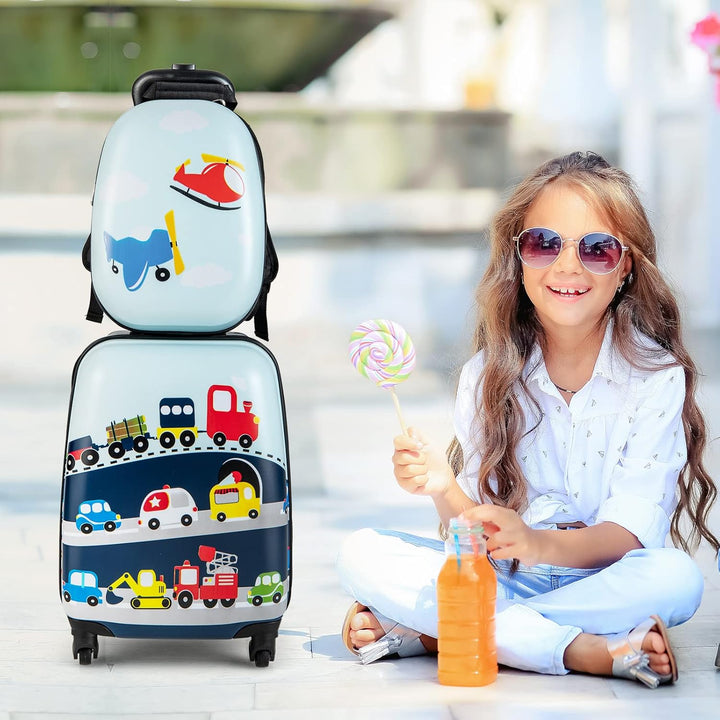 Kids' helicopter rolling suitcase with 360° wheels, a durable hard shell, ideal for easy children's travel.