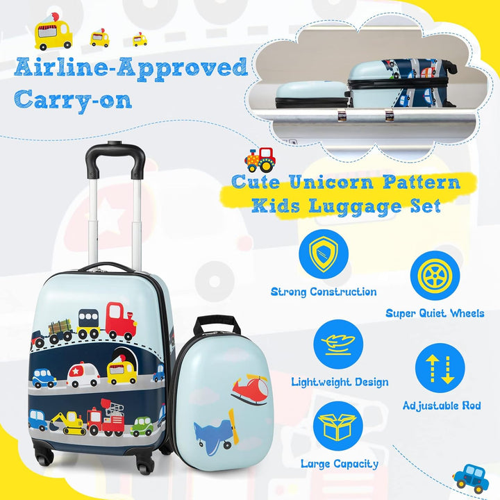Toddler's helicopter carry-on luggage & matching backpack set, making youth travel exciting and convenient.