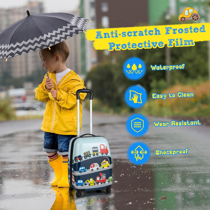 Durable hard-shell children's luggage and backpack with vibrant helicopter design, a complete travel set.