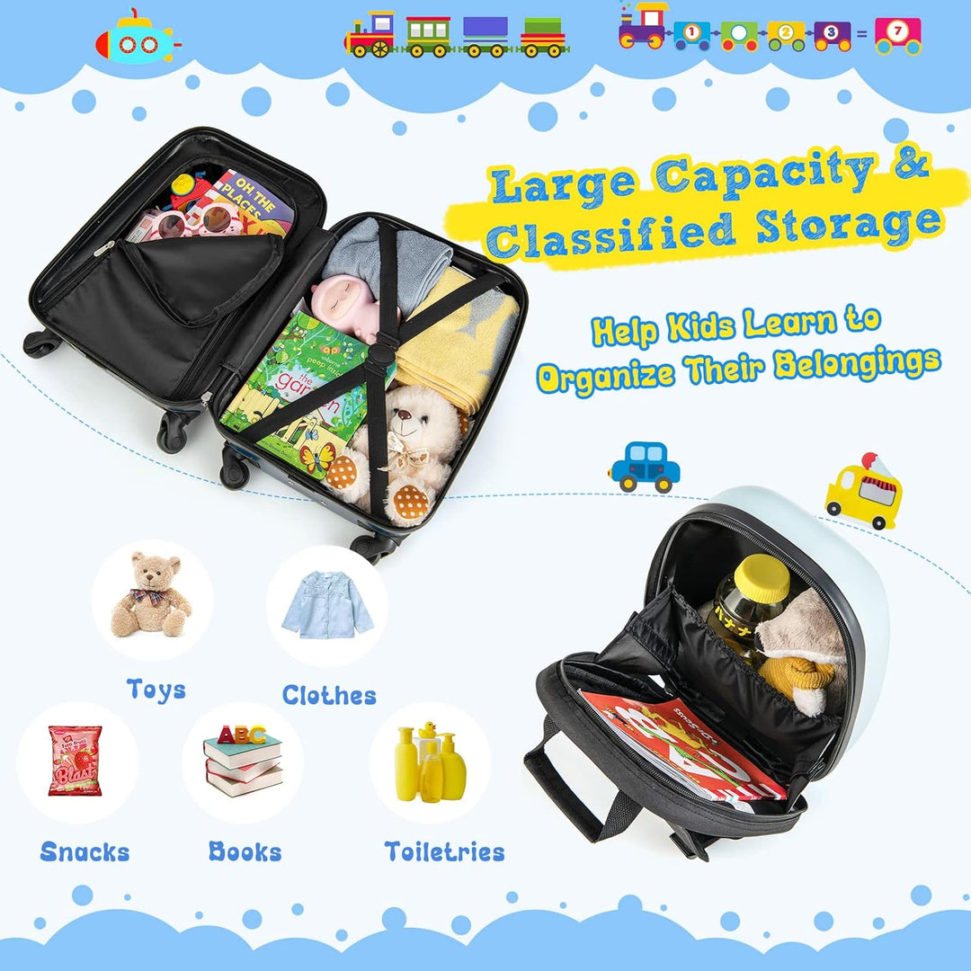 Fun helicopter-themed 2-piece travel set: kids' hard-shell rolling suitcase and a matching backpack for adventures.