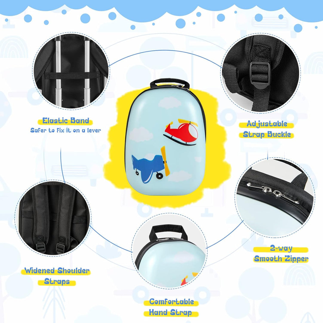 Bright helicopter design on a children's hard-shell carry-on luggage and backpack travel set, 360° wheels.