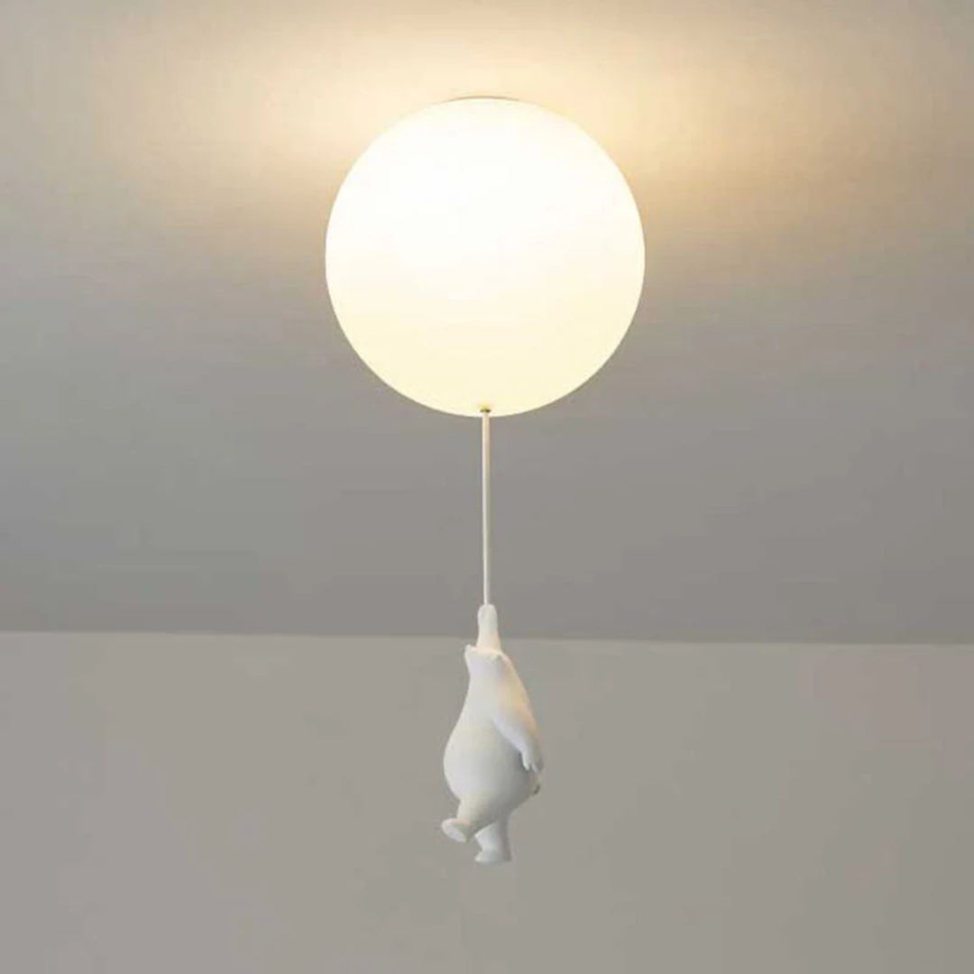 Whimsical resin bear balloon LED pendant light, perfect for enchanting nursery decor.