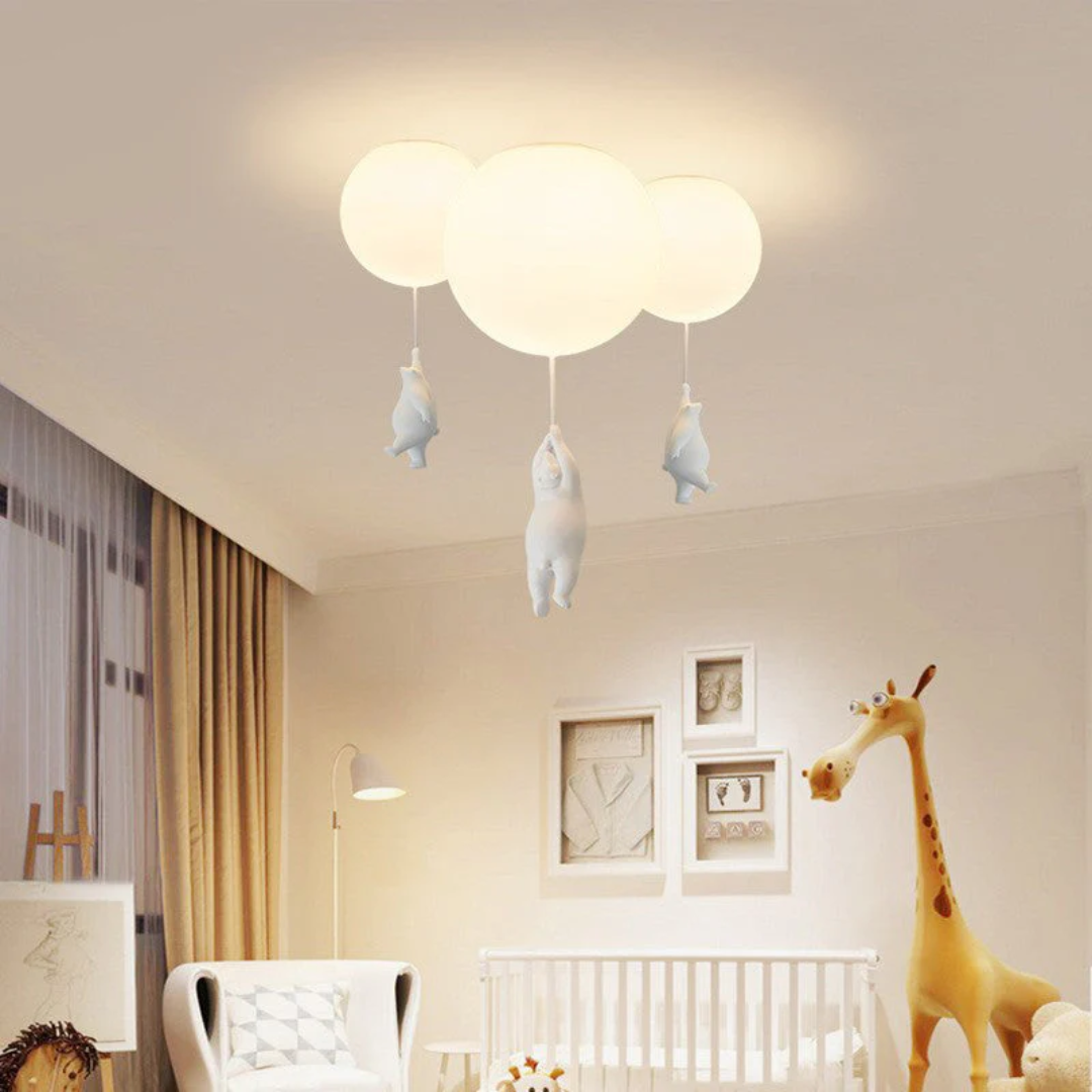 Decorative bear balloon LED ceiling light, providing soft illumination for kids' bedrooms.