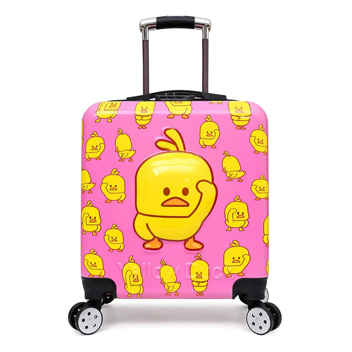 Close-up of a vibrant animal design on a durable hard shell children's travel suitcase.