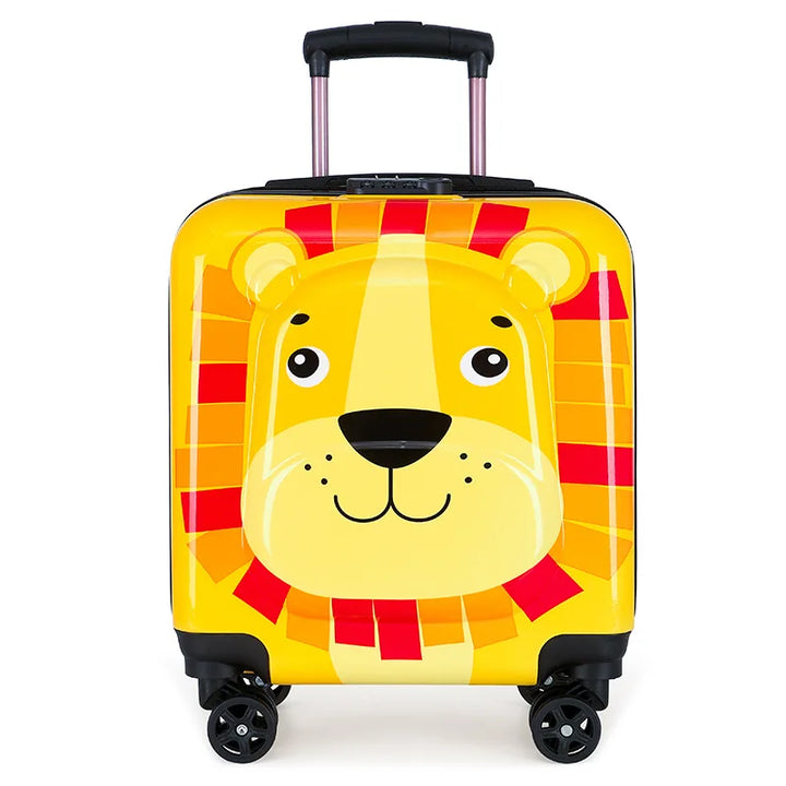 Child happily pulling animal design hard shell travel suitcase with spinner wheels for easy movement.