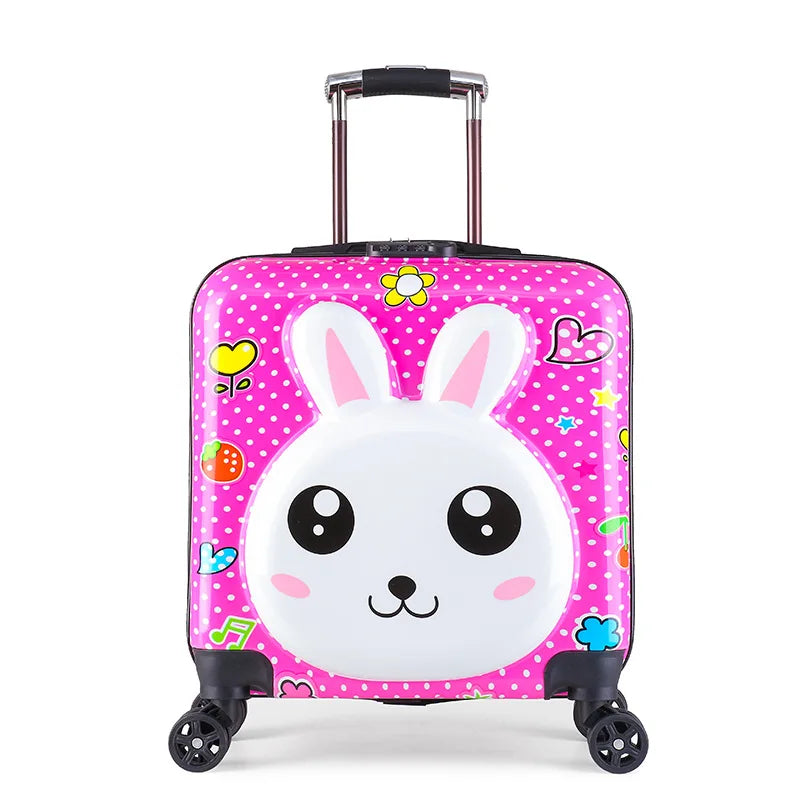 Side view of a hard shell children's carry-on suitcase with an adorable animal pattern and durable construction.