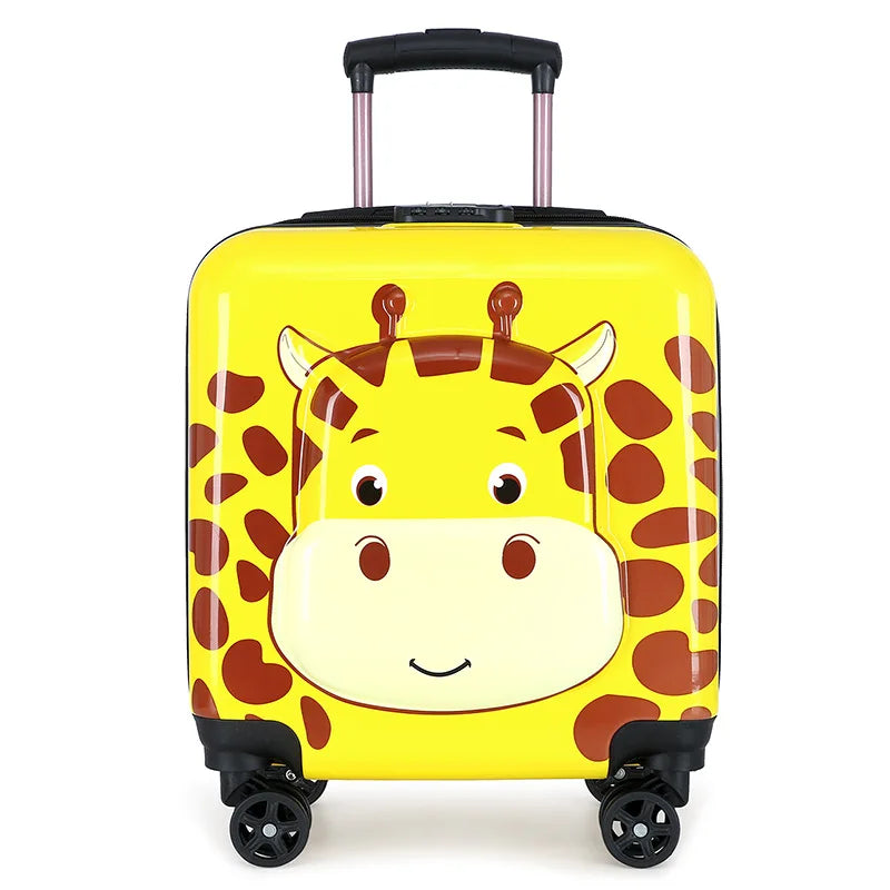 Kids hard shell travel suitcase with smooth spinner wheels & vibrant animal pattern for easy child travel.