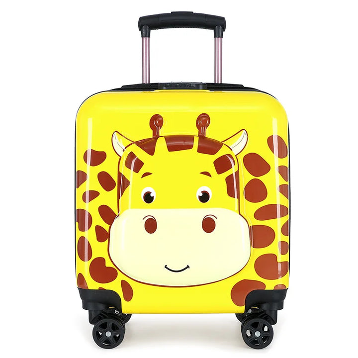 Kids hard shell travel suitcase with smooth spinner wheels & vibrant animal pattern for easy child travel.