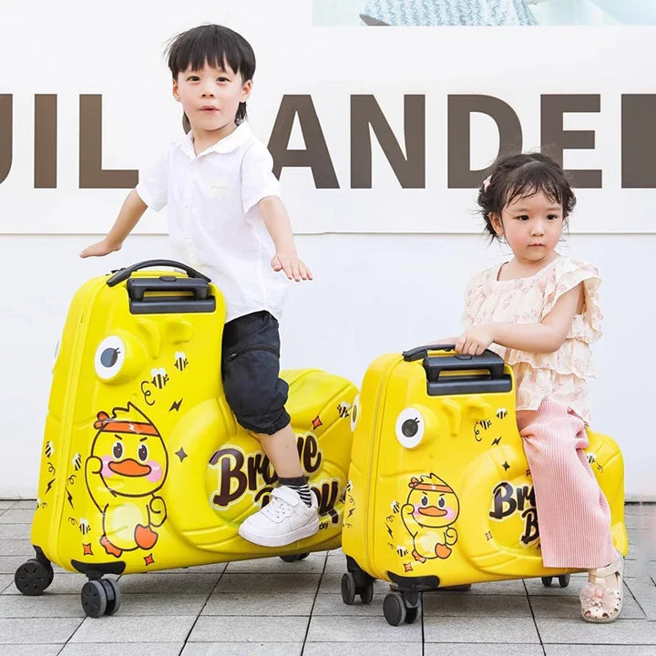 Children's ride-on scooter suitcase for fun airport travel. Kids wheeled luggage with scooter function.
