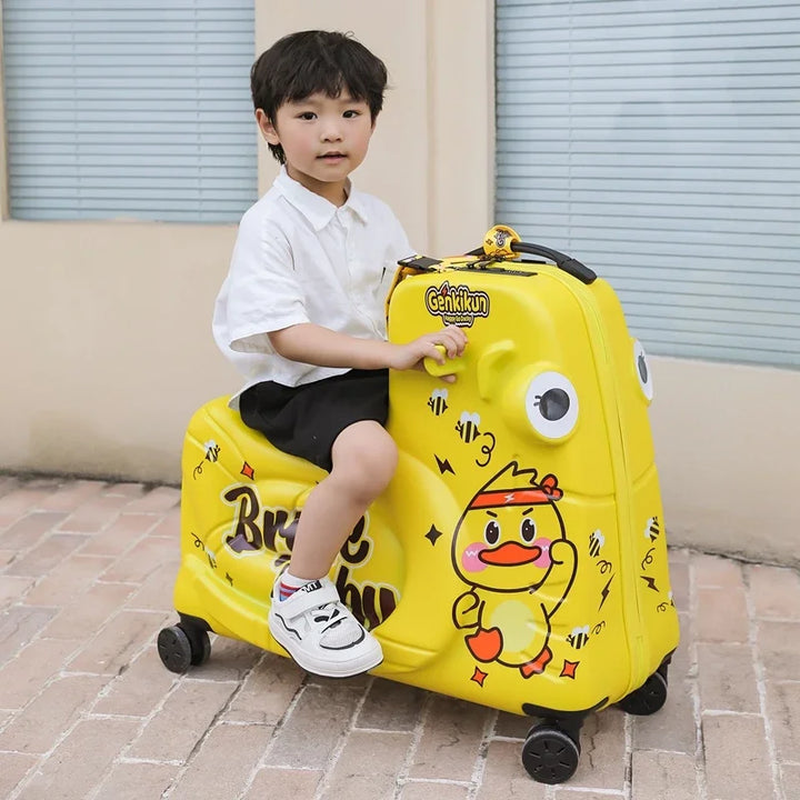 Bright children's scooter suitcase. Ride-on travel luggage for boys & girls, making trips exciting.
