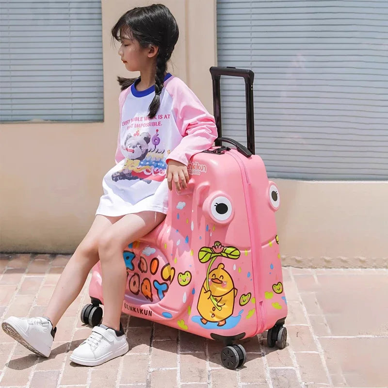 Boys & girls ride-on scooter luggage. Kids travel suitcase with wheels & seat for easy movement.