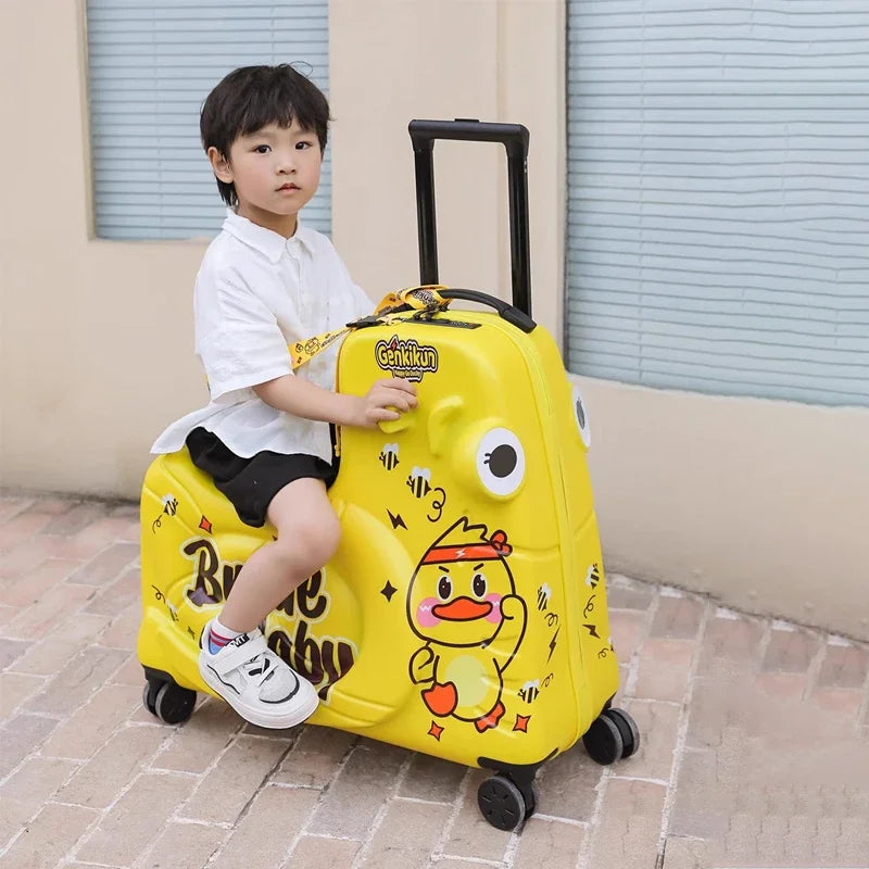 Fun children's scooter suitcase for vacation. Ride-on luggage for kids' airport travel & play.