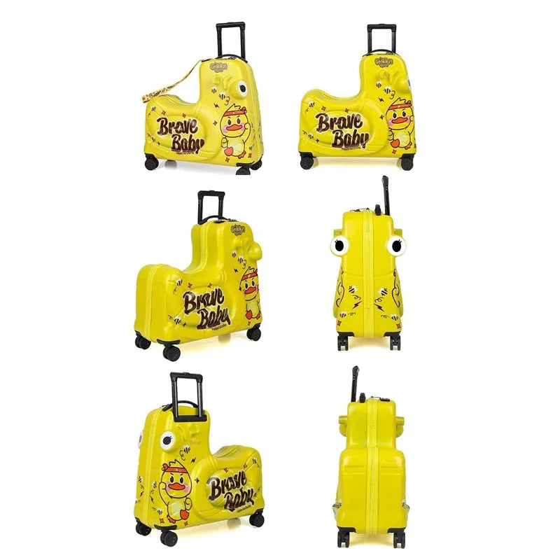 Multi-functional kids travel bag: ride-on scooter, seat, & luggage. Perfect for family vacation.