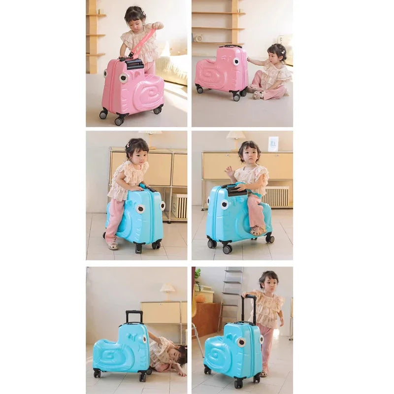 Cartoon children's ride-on suitcase with scooter for easy travel. Fun wheeled luggage for kids.