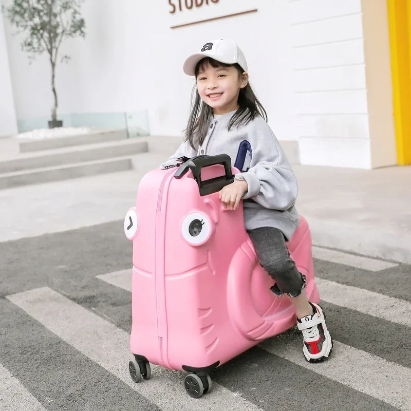 Child's sit-on scooter suitcase. Durable wheeled travel bag for kids' vacation adventures.